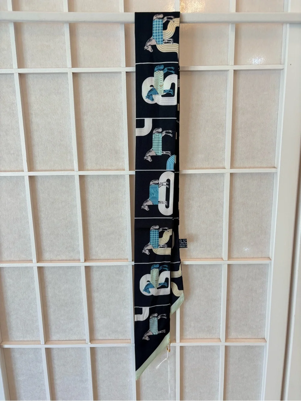 Silk Twilly Scarf with Horse Motif in Navy, Teal & Cream